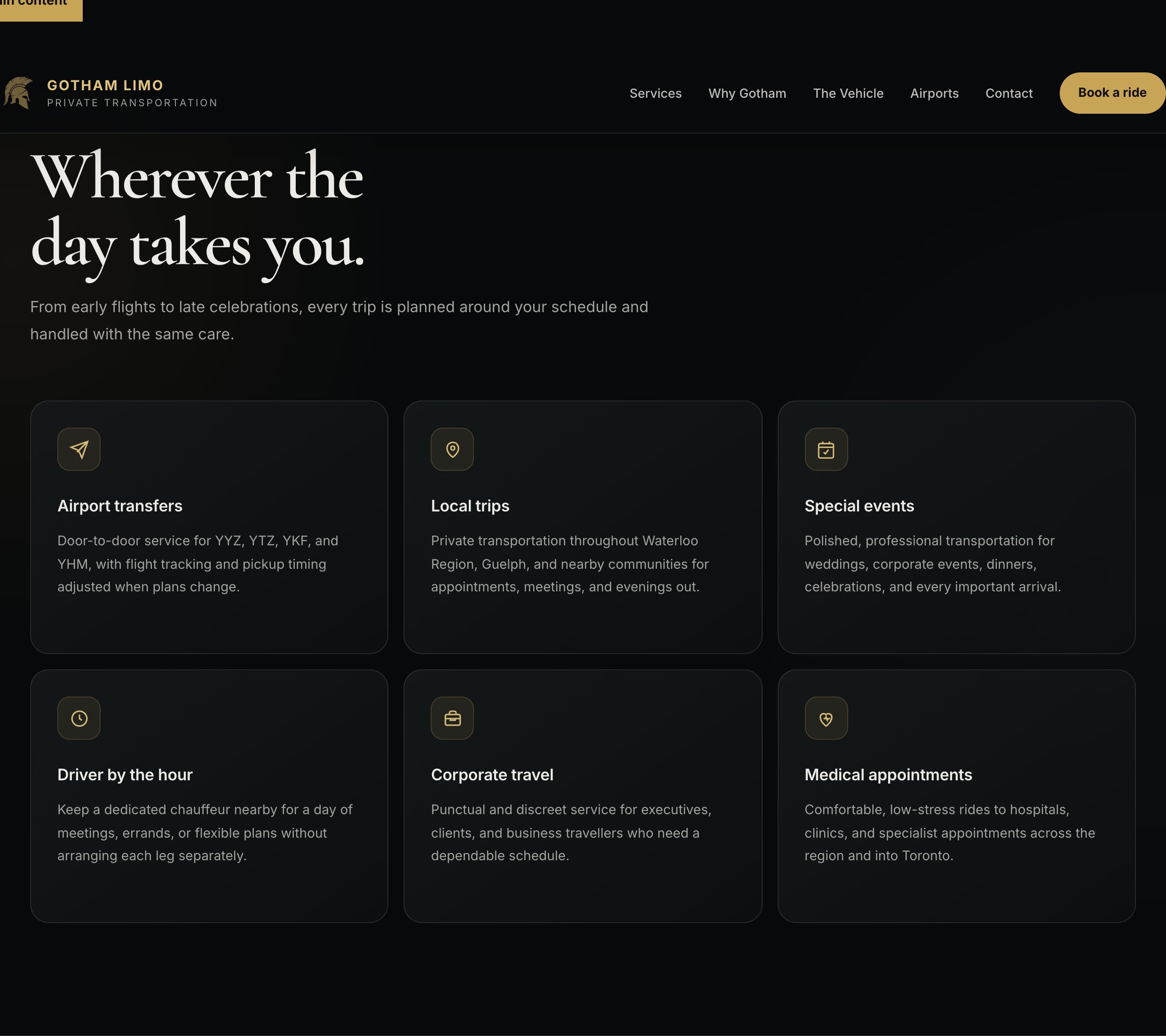 Gotham Limo services section on marketing site