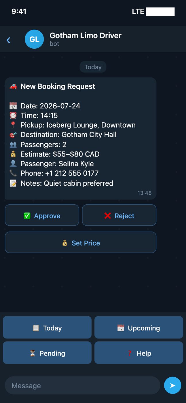 Telegram new booking request with approve reject set price